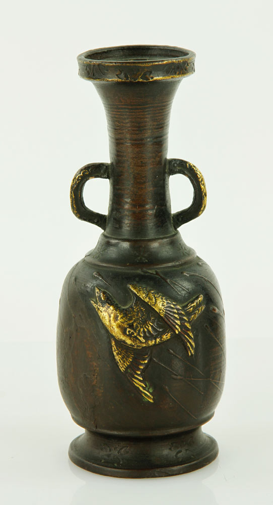 Appraisal: - Japanese Vase Vase bronze overlay over porcelain and bird