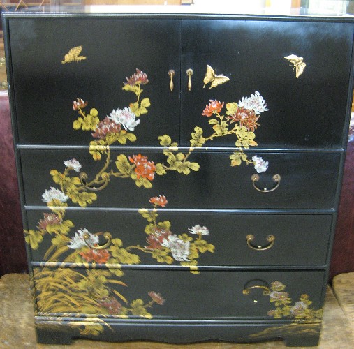 Appraisal: DECORATED BLACK LACQUER CABINET ON CHEST Chinese contemporary The top