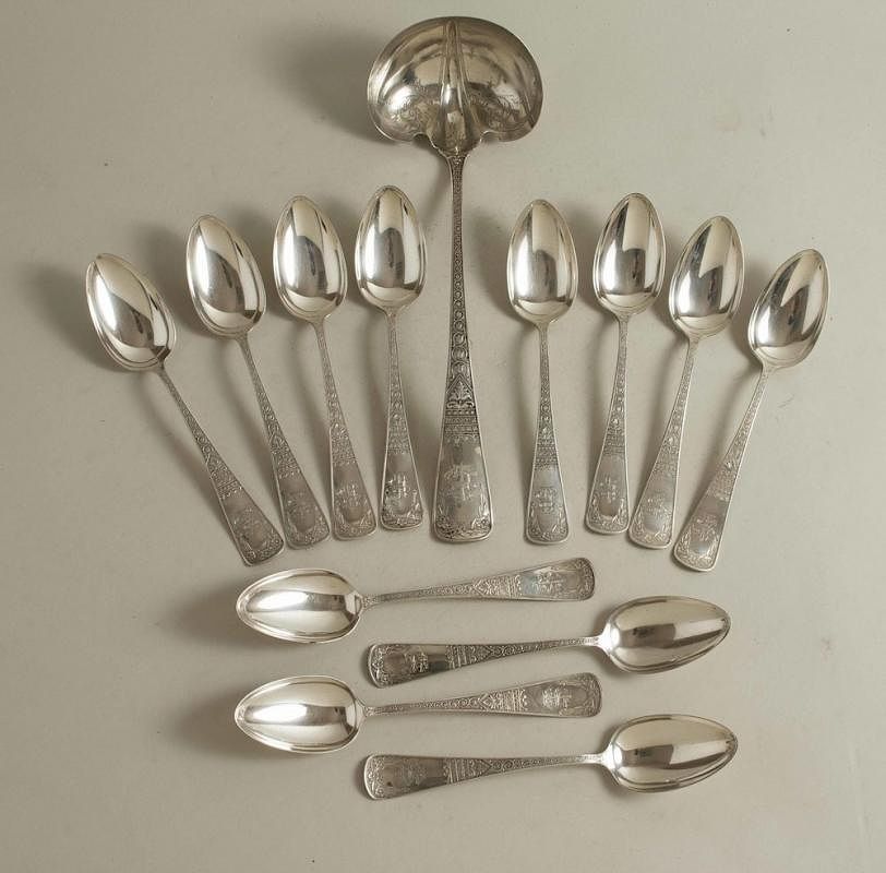 Appraisal: Sterling Spoons Ladle Schulz Fischer Twelve sterling silver soup spoons