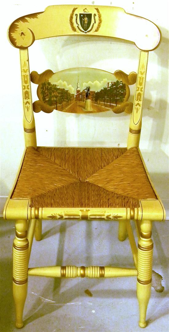 Appraisal: Painted Hitchcock chair rush seat yellow with gold accents scene