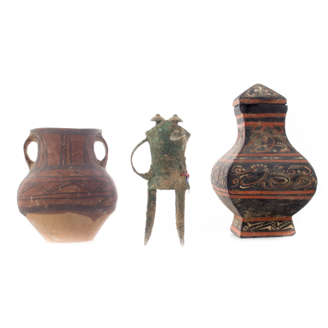 Appraisal: Three Chinese Archaic style articles including double-handled pottery jar with