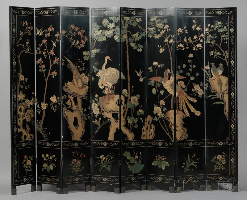 Appraisal: Chinese Export Polychrome Painted and Carved Eight-Panel Coromandel Screen one