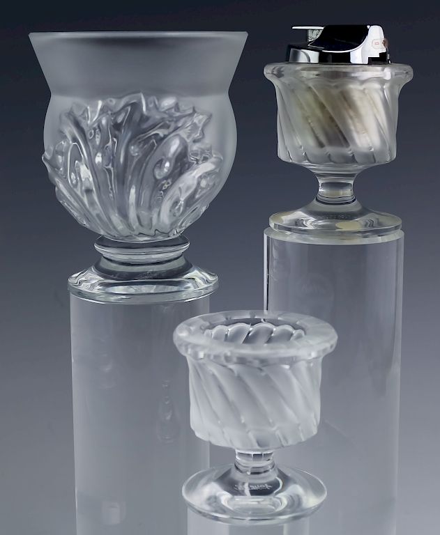 Appraisal: Lot Lalique French Crystal Lighter Holder Vase Lot of three