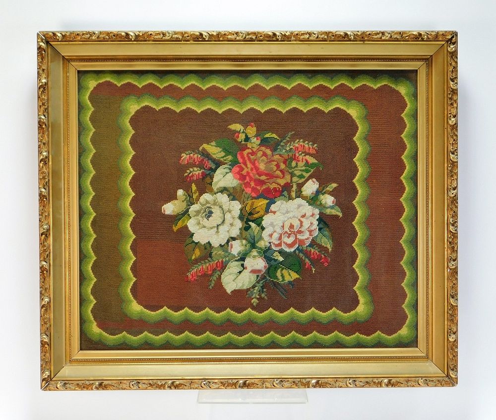 Appraisal: Victorian Gilt Acanthus Leaf Frame w Needlepoint th Century Ornately