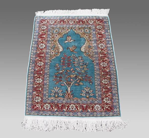 Appraisal: SILK KASHMIR PRAYER RUG Central birds in tree motif light