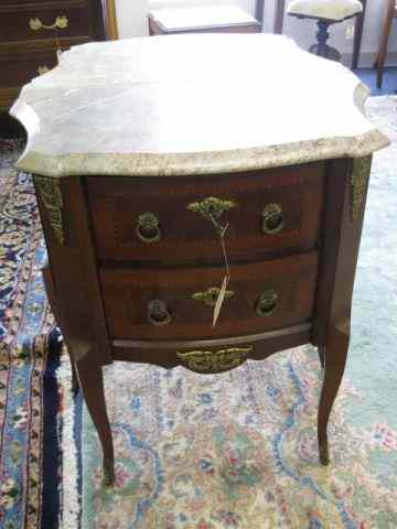 Appraisal: French Marble Top Nightstand bronze ormoulu fancy inlay drawer marble