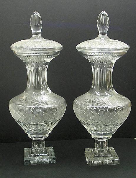 Appraisal: A pair of cut glass covered urns modern Each cut