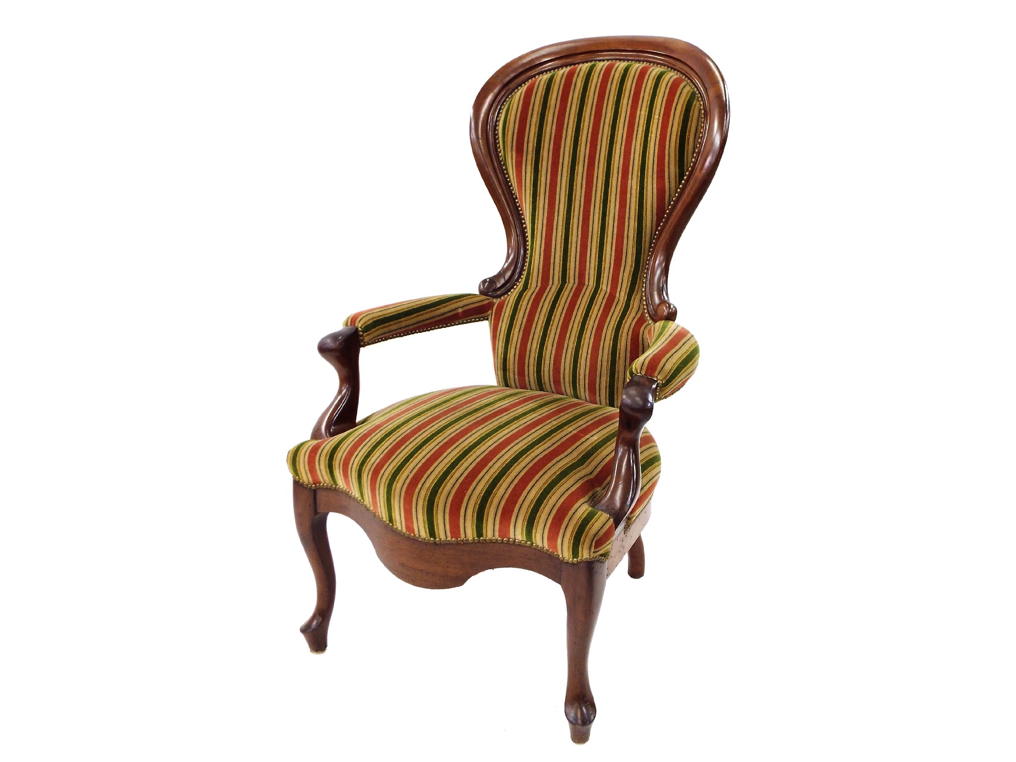 Appraisal: Late th century walnut salon chair with good striped velours