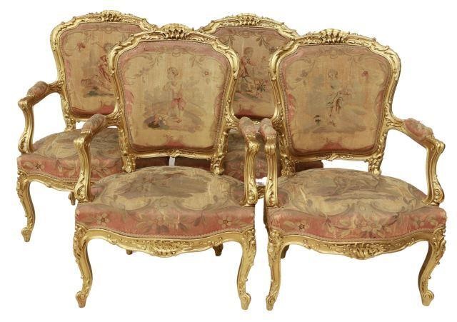 Appraisal: lot of French Louis XV style gilt framed armchairs th