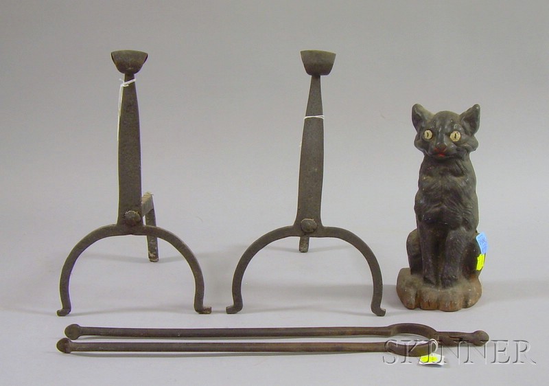 Appraisal: Pair of Wrought Iron Andirons Fireplace Tongs and a Painted