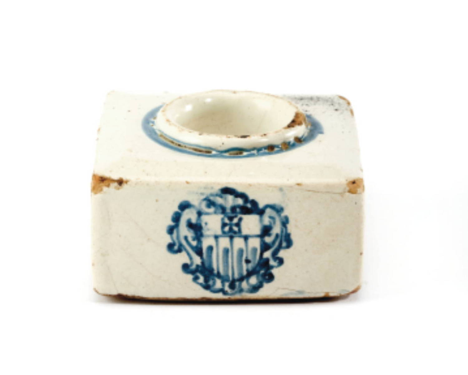 Appraisal: ITALIAN FAIENCE BLUE AND WHITE ARMORIAL INKWELL DATED Painted on