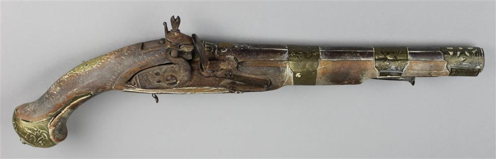 Appraisal: FLINTLOCK PISTOL early flintlock pistol with metal barrel brass inlay