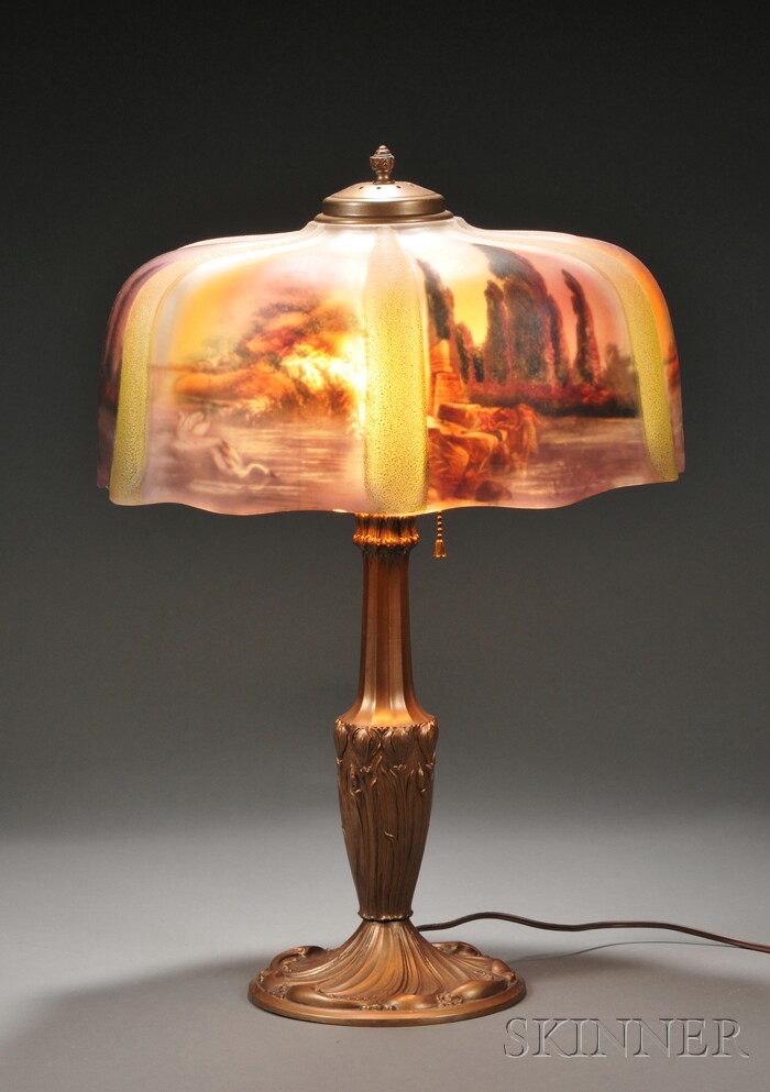 Appraisal: Scenic Reverse-painted Glass Table Lamp Glass and patinated metal Attributed