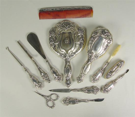 Appraisal: Art Nouveau Webster Sterling Dresser Set Circa Eleven matching pieces