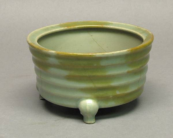 Appraisal: A Song style celadon glazed censer Molded with horizontal ribs