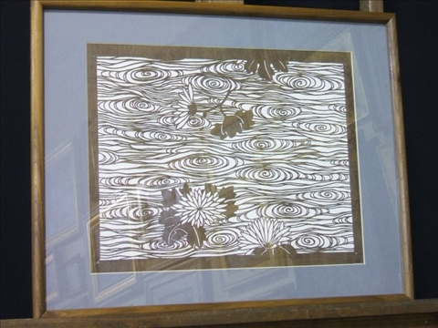 Appraisal: KIMONO STENCIL Framed decorated with lotus and water bands -