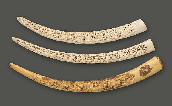 Appraisal: A large tinted ivory tusk with figural decoration th Century