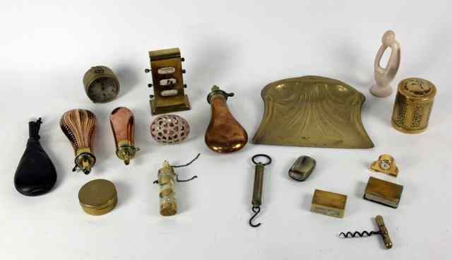 Appraisal: Three copper powder flasks a shot flask and sundry brass