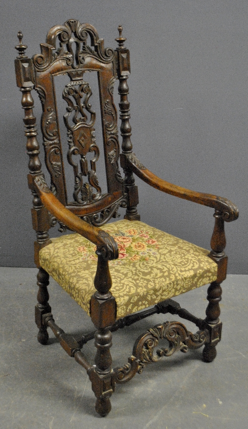 Appraisal: - Flemish style walnut open armchair h x w x