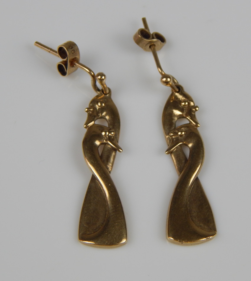 Appraisal: A pair of ct gold swan head drop earrings each