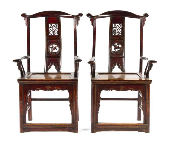 Appraisal: Sale Lot A Pair of Black Lacquered Elmwood Yoke-Back Armchairs