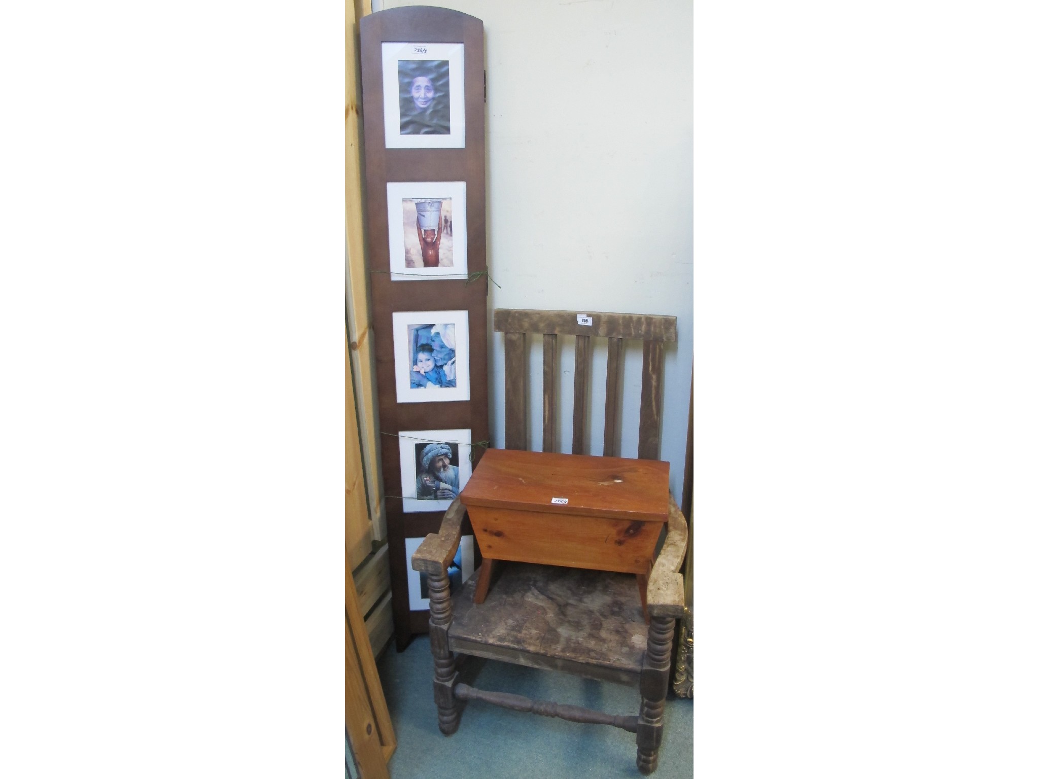 Appraisal: A primitive rail back chair three-fold wooden display and wooden