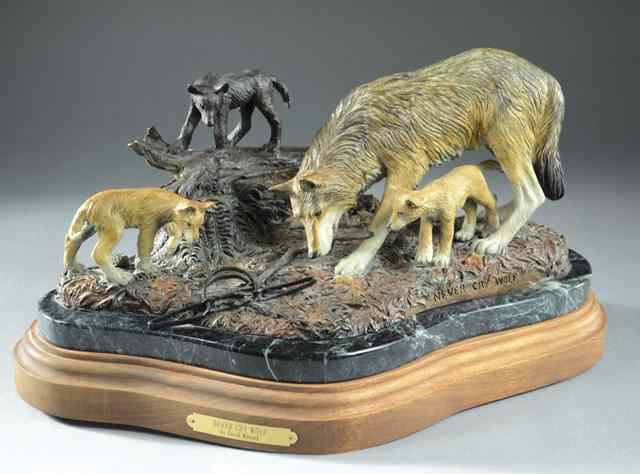 Appraisal: DAVID MANUEL BRONZE SCULPTURE ''Never Cry Wolf'' American born Depicts