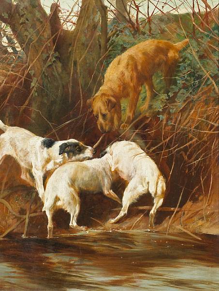 Appraisal: Attributed to Arthur Wardle RI British - Four terriers going