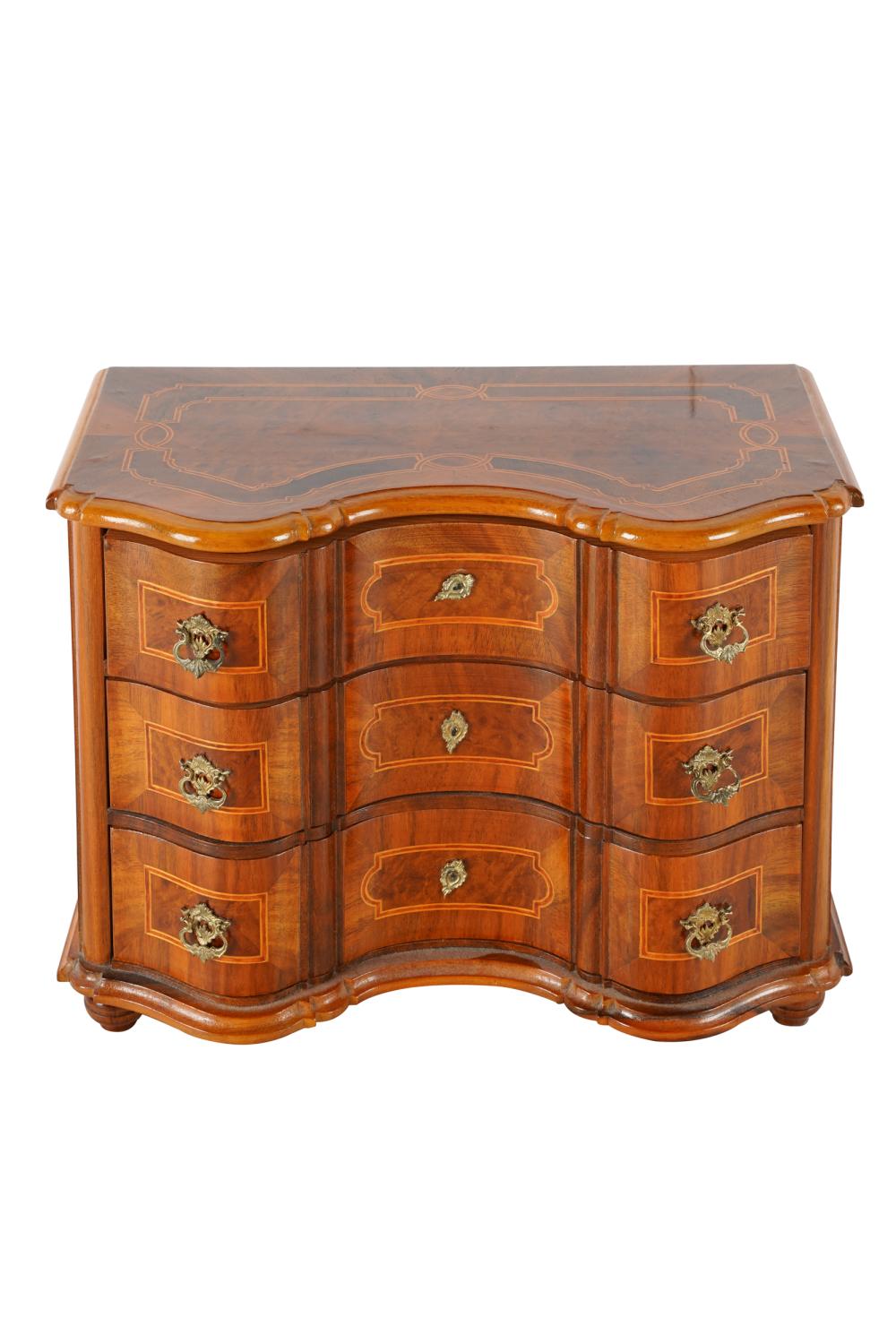 Appraisal: DIMINUTIVE GEORGIAN-STYLE CHEST OF DRAWERSlate th century burl and marquetry