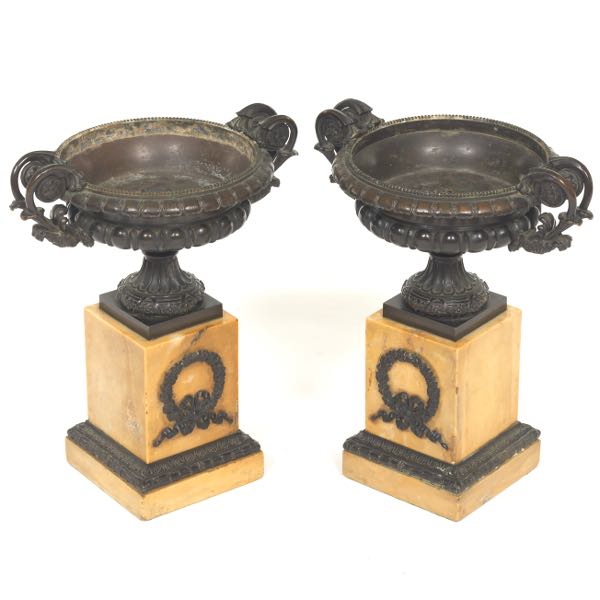 Appraisal: PAIR OF NEOCLASSICAL PATINATED BRONZE CAMPANA JARDINIERES ON MARBLE PEDESTALS