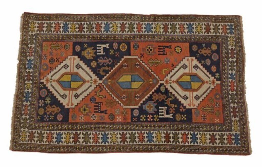 Appraisal: Hand-tied Turkish rug Kazak style small tear at edge binding