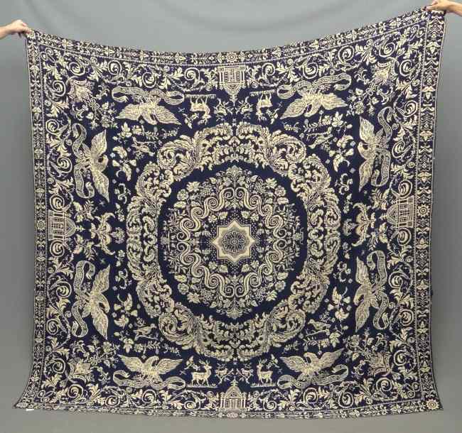 Appraisal: th c blue and white coverlet field features eagles buildings