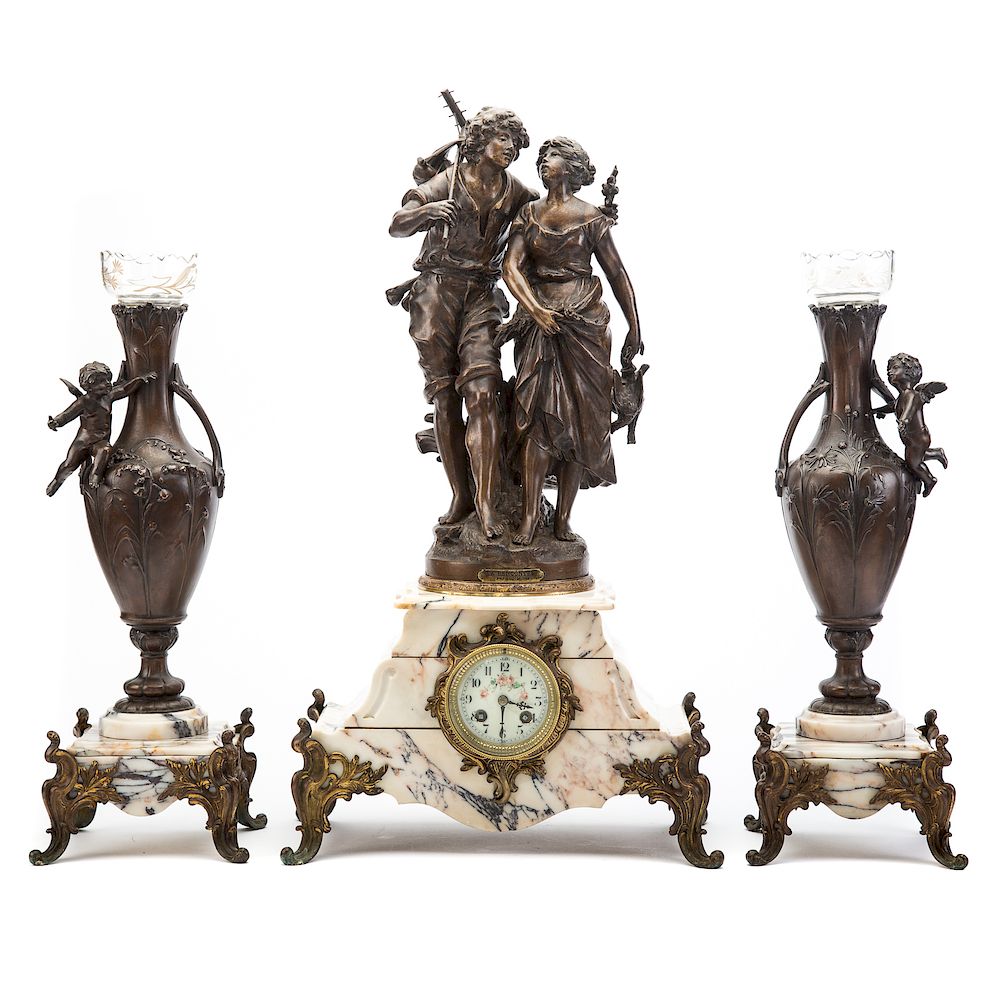 Appraisal: French Figural Clock Garniture late th century variegated marble clock