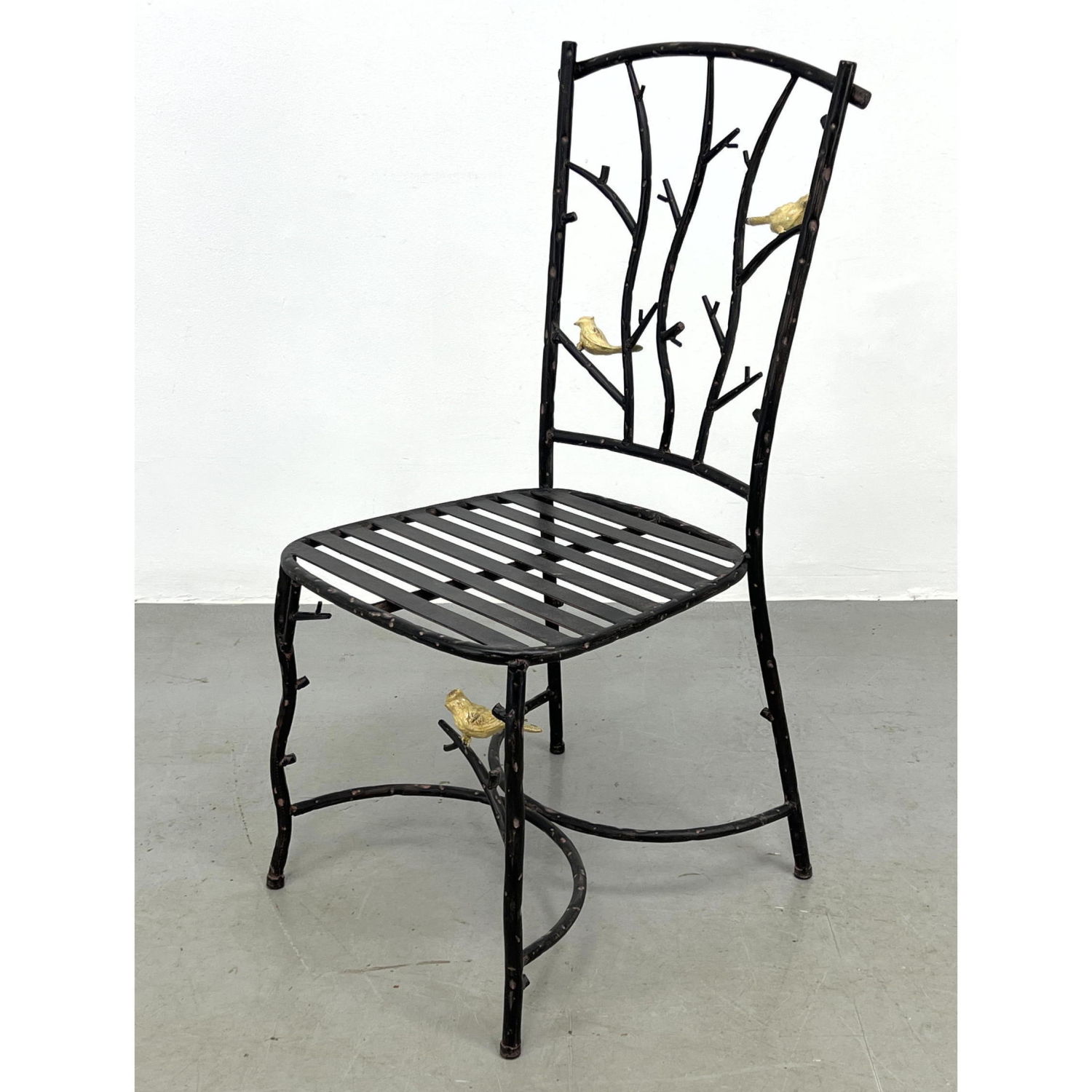 Appraisal: Decorative Iron Side Chair with Gilt Bird Figures Dimensions H