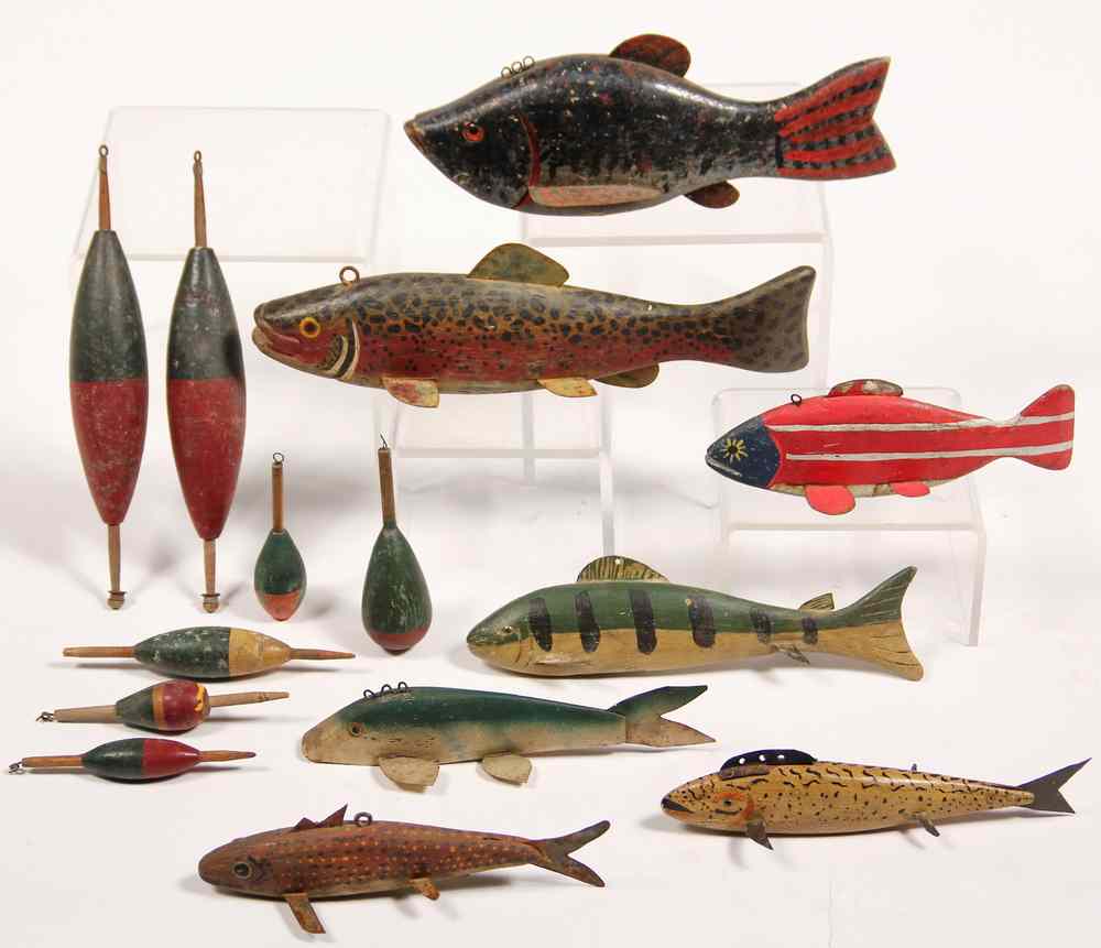 Appraisal: FISH DECOYS BOBBERS - Collection of th c Carved and