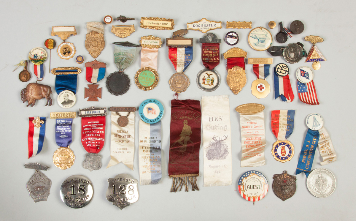 Appraisal: Various Vintage Campaign Commemorative Ribbons Buttons Pins Licensed Junk Dealer