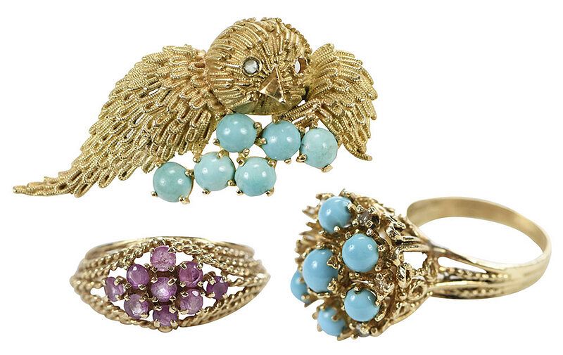 Appraisal: Three Pieces Retro Gold Jewelry bird brooch six round turquoise