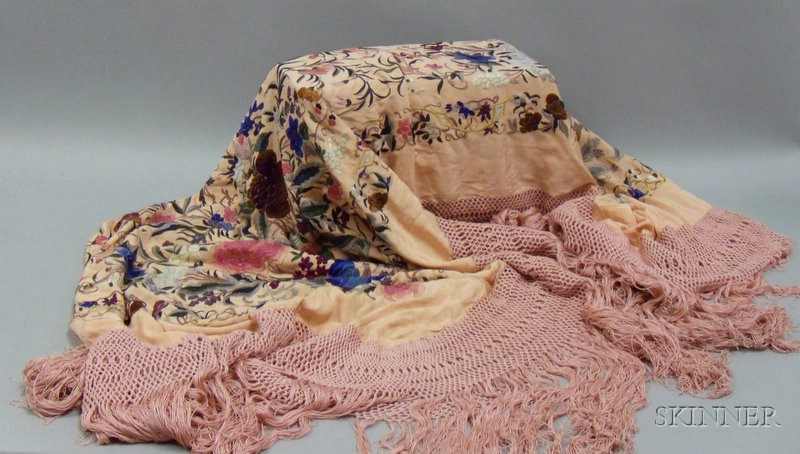 Appraisal: Chinese Polychrome Silk Floral Embroidered Pink Ground Fringed Piano Shawl