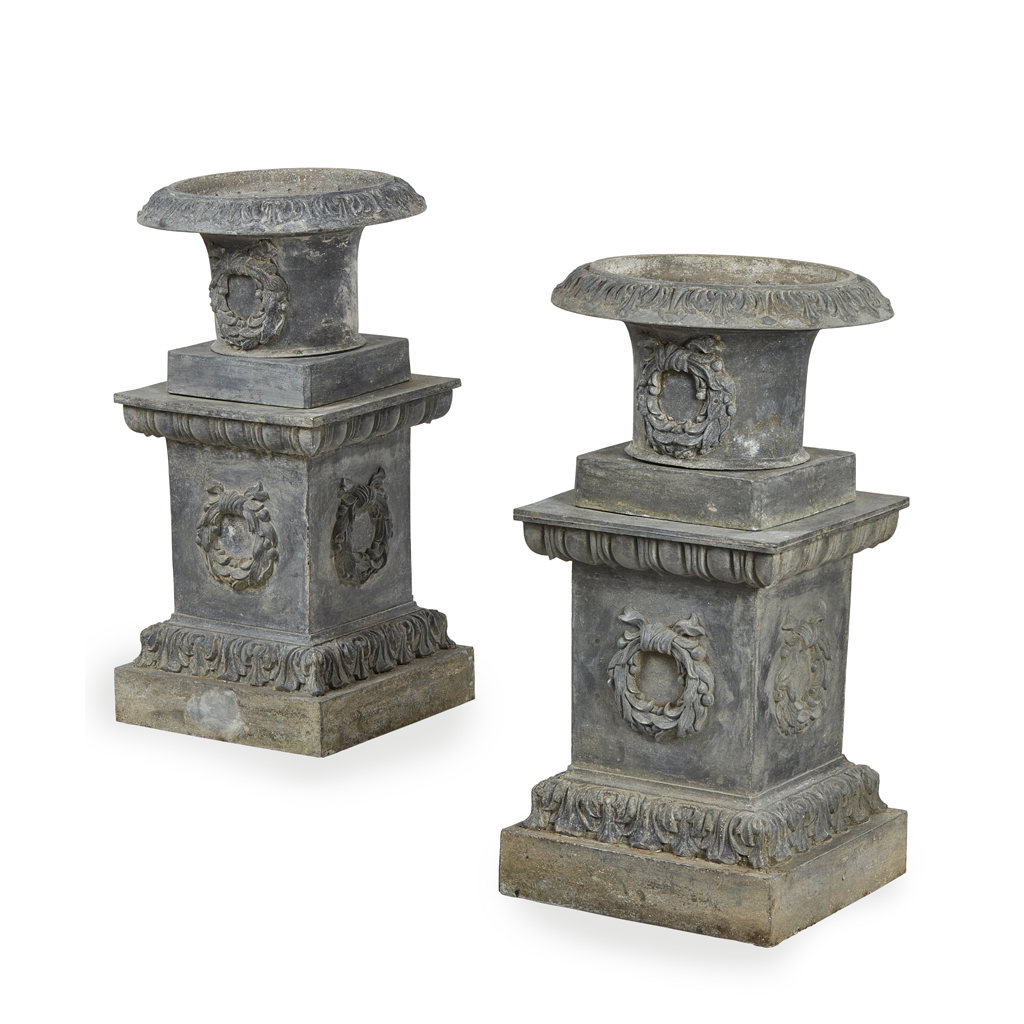 Appraisal: PAIR OF VICTORIAN LEAD FERN POTS AND PEDESTALS TH CENTURY