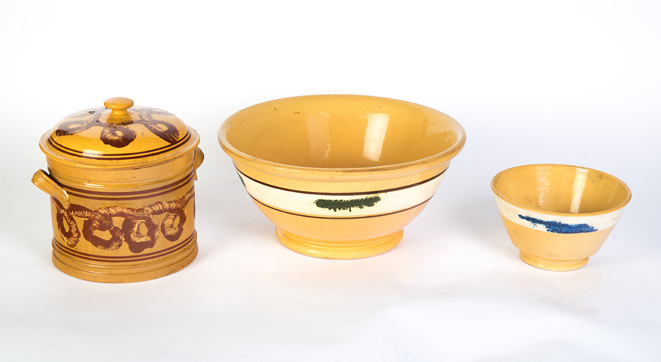 Appraisal: THREE PIECES OF YELLOWWARE WITH MOCHA DECORATION American nd half-