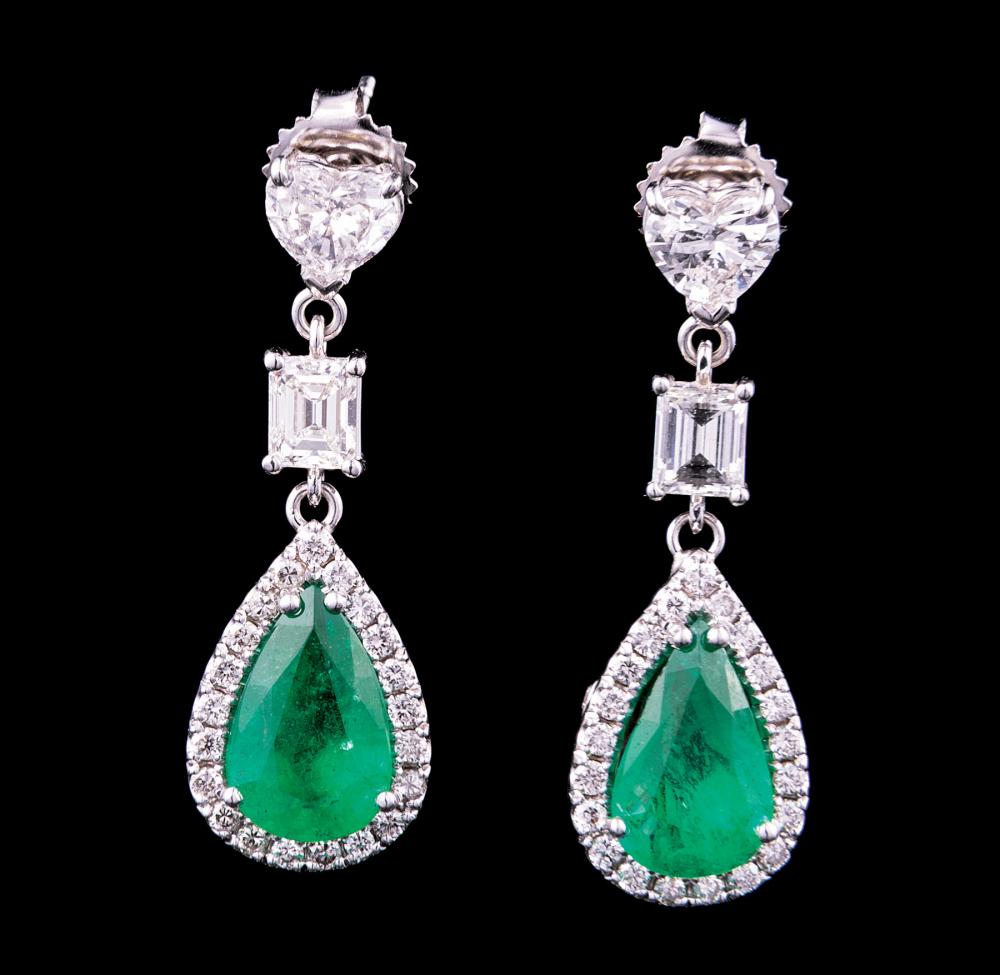 Appraisal: Pair kt White Gold Emerald and Diamond Dangle Earrings set