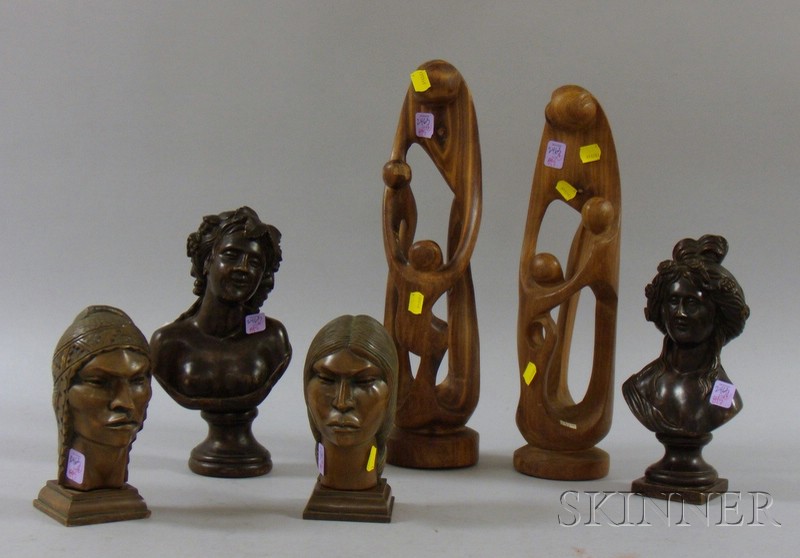 Appraisal: Six Carved Wooden Figural Items two Continental-style busts two ethnographic