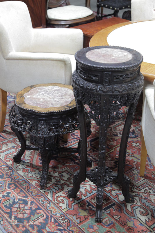 Appraisal: TWO ORIENTAL STYLE TABLES Open work carved tables with marble