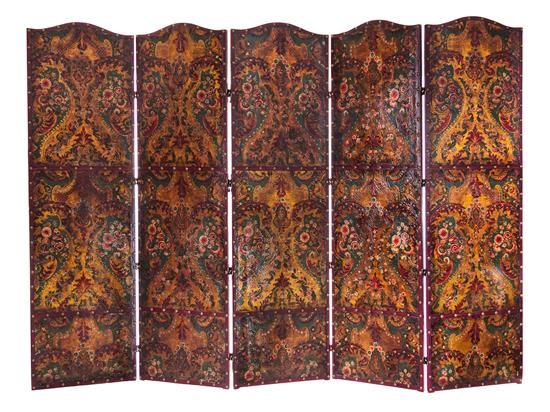 Appraisal: Sale Lot A Tooled Leather Five-Panel Floor Screen th century