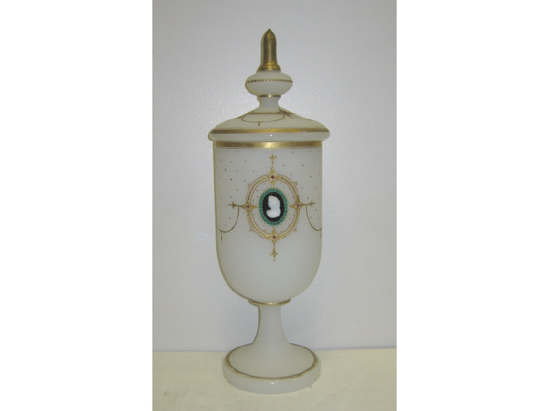 Appraisal: WHITE OPAQUE GLASS CEREMONIAL GOBLET Footed and lidded the body