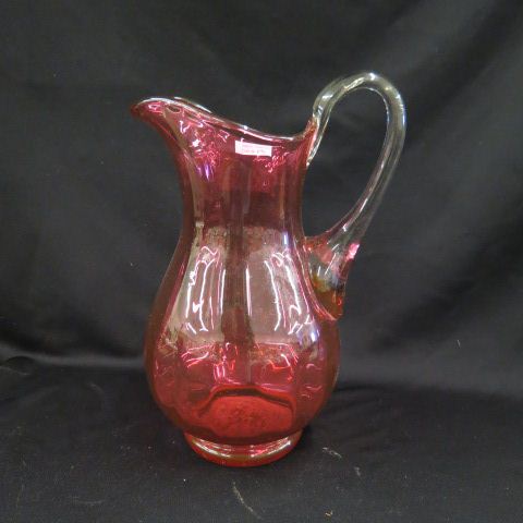 Appraisal: Cranberry Art Glass Pitcher ribbed body clear handle tall scarce