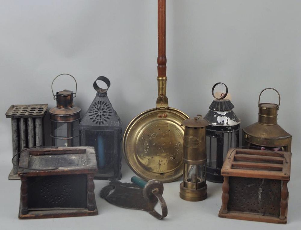 Appraisal: Group Antique Tin Brass Lighting Household Items comprising tole lanterns