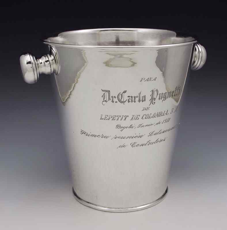 Appraisal: COLUMBIAN FINE SILVER ICE BUCKET Presented to Dr Carlo Pugnetti