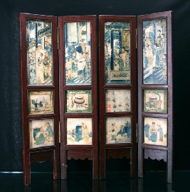 Appraisal: A Chinese four-fold table screen each panel with three small