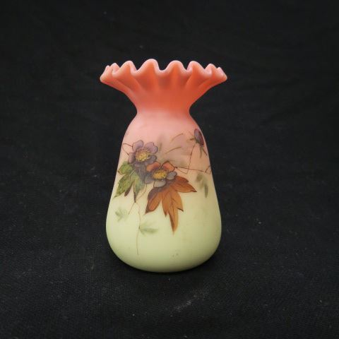 Appraisal: Handpainted Burmese Art Glass Vase ruffle top elegant floral excellent